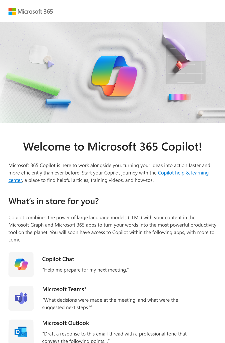 An image of an email introducing Microsoft 365 Copilot and its capabilities that an admin can provide to users.